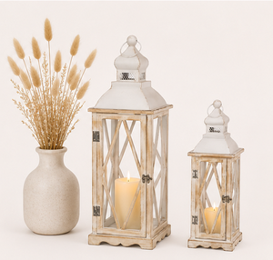Handmade Farmhouse Wood and Metal <b>Lantern</b> <b>Set</b> of 2 Rustic Whitewash Distressed Finish Decorative Candle Holders for Indoor - Product Image 2