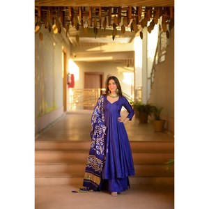 Beautiful <b>Silk</b> Salwar Kameez-Party Wear Gown and Bottom with Dupatta XS Size - Product Image 1