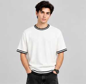 Men's <b>White</b> Short Sleeve T-Shirt Regular Fit O-Neck Contrast Trim Casual Cotton Jersey <b>Top</b> Solid Color Knitted Fabric - Product Image 2
