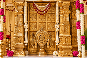 Mandap de mariage doré sculpté Ganesha Royal, Mandapam traditionnel du sud de l'Inde avec piliers sculptés, Mandap en fibre exclusif pour les mariages aux États-Unis - Product Image 5
