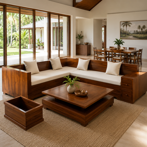 Modern Solid Teak <b>Wood</b> L Shape <b>Sofa</b> Set with Coffee Table <b>for</b> Living Room Villa Hotel Furniture - Product Image 1
