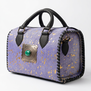 Luxury Purple Genuine Leather Cowhide Mini Speedy Duffel Bag With <b>Gold</b> Speckles And Green Gem Clasp Double Handle Zipper Closure - Product Image 1