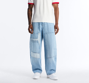 Pantalones Cargo de Mezclilla Lavada a la Piedra Azul Claro para Hombre, Corte Holgado, Cintura Media, Estilo Casual de Verano con Bolsillos, Tela de Algodón - Product Image 1