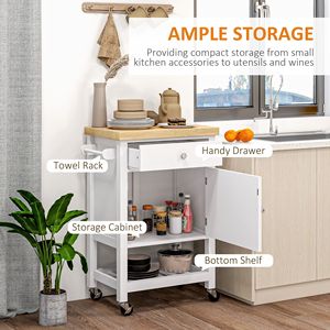 Carrello da Cucina Moderno Bianco con Isola Girevole, Piano Regolabile in Legno di Gomma, Cassetto, Portabottiglie, Mobile in Metallo e Legno con Ruote, Materiale MDF - Product Image 4