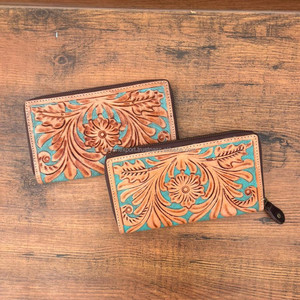 Sculpture à la main usiné portefeuille pochette coque de téléphone élégant multi-usages portefeuilles en cuir occidental couleur Turquoise portefeuille pour les femmes - Product Image 5