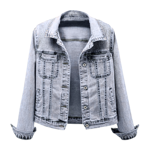 Custom Made Women's Button-Up Light Washed Denim <b>Jacket</b> Autumn Sweet Style Long Sleeve Heavyweight Denim Jeans <b>Jackets</b> - Product Image 1