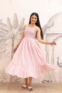Vestido Maxi Rosa Bordado Sin Mangas con Cuello Cuadrado, Estilo A-Line, Casual de Verano, Tejido de Gasa con Dobladillo Acampanado y Patrón Geométrico Elegante - Product Image 3
