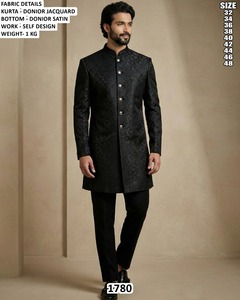 Kurta Jacquard Bandhani Noir pour Homme avec Motif Intégré, Coupe Droite, Longueur Ras du Sol, Tenue Traditionnelle, Séchage Rapide, Idéal pour Mariage - Product Image 1