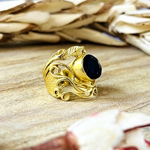 Unique Design Brass <b>Rings</b> Women Floral <b>Black</b> Onyx <b>Ring</b> Boho Brass Jewelry Female 18k Gold Plated Leaves Band Wholesale/OEM/ODM - Product Image 3