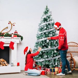 7.5 FT DIY Christmas <b>Tree</b> 350 Warm <b>Lights</b> Artificial Snow Tipped Pine <b>Tree</b> Remote Control Hinged Silver Ribbon Xmas Decoration - Product Image 3