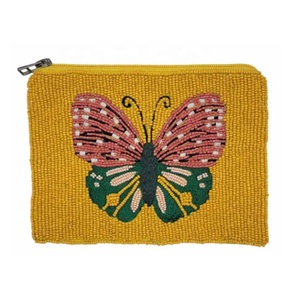 กระเป๋าใส่เหรียญลูกปัดสีเหลือง ลายผีเสื้อ ปิดด้วยซิปด้านบน ทำด้วยมือ เป็นมิตรกับสิ่งแวดล้อม ทนทาน ใช้เก็บเหรียญ พกพา กุญแจ บัตร เงินสด - Product Image 1