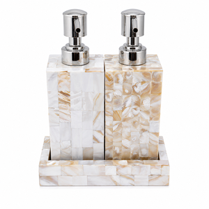 Kit d'accessoires de salle de bain de luxe faits à la main, écologiques et modernes en nacre, avec distributeur de savon et de lotion, et plateau assorti, pour la décoration de la maison et des hôtels - Product Image 1