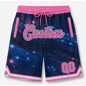 Shorts de basketball personnalisés pour hommes, imprimé galaxie violet rose, sublimation, séchage rapide, style sportif, taille à cordon, longueur courte - Product Image 5