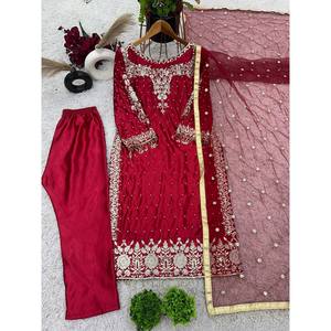 Trendy Women's Red Top-Bottom and Dupatta <b>Set</b> with Heavy <b>Embroidery</b> and Sequence Work Size L 800g NSR Brand - Product Image 3
