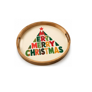 Plateau de service ovale en bois avec motif d'ornements de Noël, finition laquée, poignée, usage résidentiel - Product Image 2