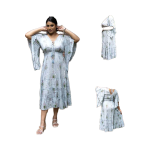 Robes de plage en tissu de rayonne personnalisées pour femmes Robe de soirée mi-longue à volants imprimée Boho Sexy col en V pour le printemps été - Product Image 1
