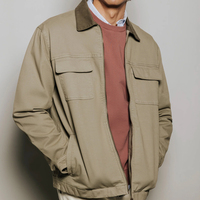 Jaket Pria Warna Hijau Zaitun Berbahan Corduroy dengan Kerah dan Ritsleting, Jaket Trucker Kanvas Katun Kustom, Kancing Depan, Model Boxy Fit, Mantel Kerja