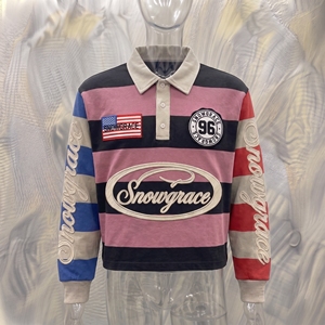 Snowgrace Short Striped Baseball Jersey V-neck Turn-down Collar Regular Fit Unisex Adults Spring Summer Breathable Embroidery - Product Image 3