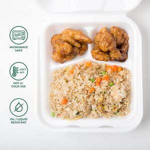 Canejoy 8x8 Inch 3 Compartment Sugarcane Bagasse Clamshell Disposable Food <b>Container</b> Lid Eco-Friendly Biodegradable Microwavable - Product Image 4