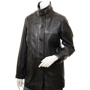 Chaqueta de Mujer de Cuero Genuino con Cuello Alto, Manga Larga, Cierre de Botones, Color Sólido, Largo Regular, para Otoño - Product Image 1