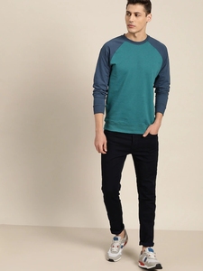 Sweat-shirt à col rond pour homme, manches raglan, couleur turquoise, coupe classique, tricoté, 100% coton, pull décontracté, couleur unie, automne - Product Image 3