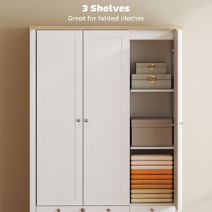 Armario de Dormitorio Blanco con Cajones con Cerradura, 3 Puertas y Barra para Colgar Ropa, Armario con Estantes de Almacenamiento - Product Image 6