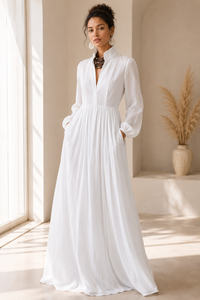 Vestido Midi Blanco de Gasa - Elegante Vestido Largo Bohemio con Cuello Alto para Mujer, Forro de Algodón Suave, Corte Evase, Ecológico - Product Image 3