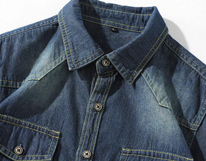Camisa de mezclilla azul claro para hombre 2026, manga larga, cuello vuelto, corte regular, color liso, transpirable, algodón, bolsillo con costuras. - Product Image 4