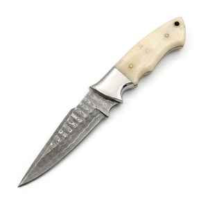 Couteau à dépecer en acier Damas fait main, manche en os avec embout en acier, lame fixe pour la chasse, le camping, l'EDC, l'usage extérieur - Product Image 1