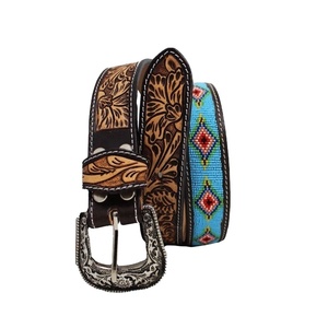Hot Selling 100% Cow Leather Western Cowboy <b>Belt</b> With Floral Embossed Design & Bead <b>Work</b> Top Manufacturer for Men & Women - Product Image 1