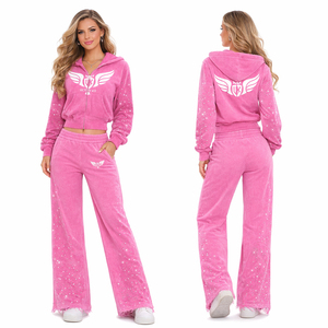 Ensemble de survêtement pour femmes en velours rose avec strass, sweat à capuche court et pantalon large, 2 pièces, logo personnalisé, tenue décontractée tendance - Product Image 1
