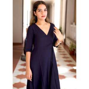 Robe Angrakha bleue taille XS, magnifique silhouette évasée en mousseline de soie, tissu respirant - Product Image 2