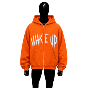 Sudadera con capucha naranja con cremallera completa y estampado gráfico Wake Up, estilo urbano, informal, para hombre, moda urbana, ropa informal de invierno - Product Image 1