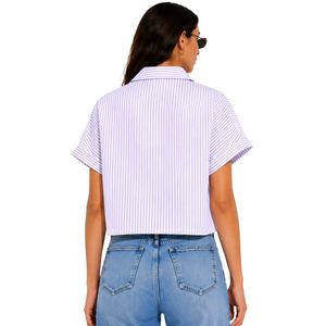 Camisa Corta a Rayas Blanca y Lavanda Personalizada para Mujer, con Logotipo Bordado, Manga Corta, Cierre de Botones, Blusa Casual de Verano, OEM - Product Image 2