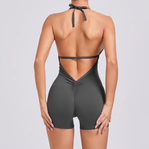 Combinaison une pièce pour femme à col halter et décolleté en V, en tissu bambou, idéale pour le gymnase, les exercices de fessiers et le renforcement du tronc - Product Image 3