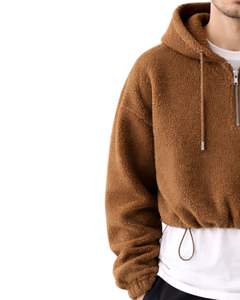 Sweat à capuche court en molleton texturé marron personnalisé, avec fermeture éclair quart de tour, ourlet à cordon de serrage réglable, style streetwear décontracté et chaud, avec logo personnalisé - Product Image 4
