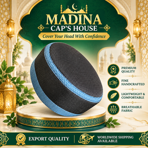 Gorro Islámico de Malla Negra de Primera Calidad con Ribete Azul Bordado, Transpirable, para Verano, Kufi, Artículos en Oferta y de Tendencia - Product Image 1