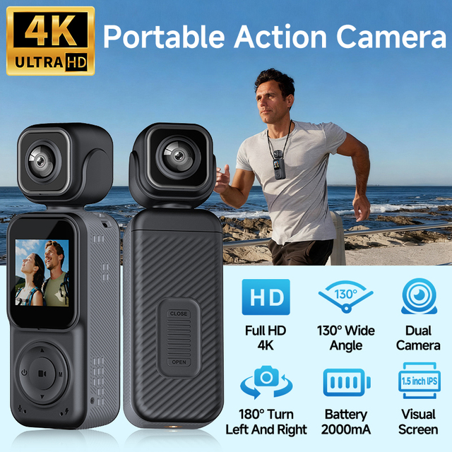 Q30 4K Dual Lens Body Camera 180° Rotatable 2K+2K Wearable Action Cam EIS WiFi 2000mAh Mini DVR