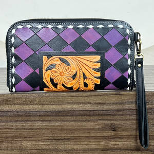 Factory Price HandTooled Genuine Leather <b>Cute</b> Checkered Pattern Clutches <b>Purse</b> Zipper With Wholesale Luxury Floral Design Wallet - Product Image 5