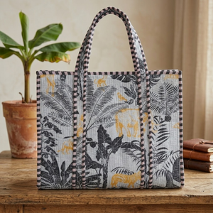 Sac fourre-tout matelassé à imprimé animalier jungle personnalisé, sac à main en fibre de coton naturel avec passepoil contrastant, sac de plage écologique - Product Image 5