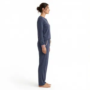 Ensemble pyjama bleu foncé à manches longues pour femme, haut boutonné à col rond et pantalon à cordon de serrage - Product Image 3