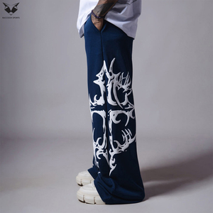 Pantalon de survêtement molletonné ample personnalisé avec logo, coupe décontractée, style streetwear, bleu marine, pour homme - Product Image 3