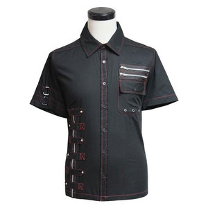 Custom <b>Men's</b> Gothic Short Sleeve Shirt Black Cotton Punk Rock Top with Asymmetric Zippers Straps and Red Stitching - Product Image 3