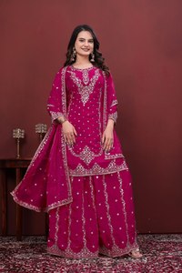 AARIKA TEXTILE Ensemble Sharara pour femme, tenue de soirée, en soie Fendy 1450 g/m², broderie de sequins, Kurta, pantalon intérieur, Dupatta, Diwali, Mariage, Ethnique - Product Image 3