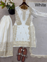 Ensemble 3 pièces traditionnel indien pour femme, brodé, coupe ajustée, en soie Georgette, idéal pour les fêtes d'hiver