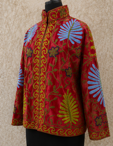 Luxury <b>Velvet</b> <b>Jacket</b> Red Floral Embroidery Mandarin Collar Handmade Artisan Blue Botanical Motifs Premium Boho Lady Fashion wear - Product Image 3