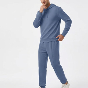 Men's Blue Hooded Tracksuit Full Sleeve Solid Color Casual Sweatshirt And Pants <b>Set</b> With Side Pockets Elastic Waist Regular Fit - Product Image 2