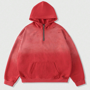 Sweat à capuche déchiré pour homme avec trous, coupe ample, style tendance, couleur unie, pull et hauts zippés, OEM/ODM, vêtements décontractés à la mode pour homme - Product Image 1