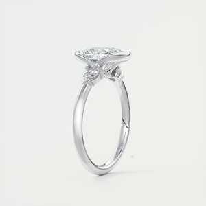 Anillo de compromiso de tres piedras con diamante cultivado en laboratorio de corte cojín alargado de 2.50 quilates y piedras laterales en forma de pera en oro blanco de 14K para novia - Product Image 1