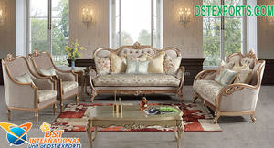 Juego de sofás de acabado dorado antiguo para el hogar, conjunto de sofás de madera de teca dorada tallada a mano, muebles de sala de estar con acabado dorado tallado pesado - Product Image 5